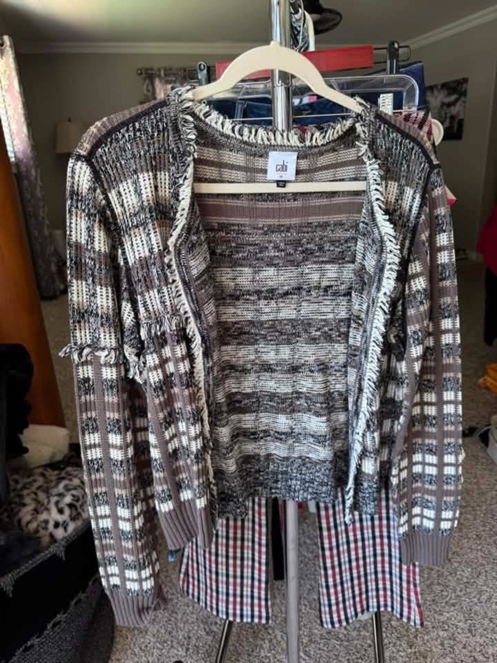 CAbi Brown Multi-Striped Fringe Open Cardigan